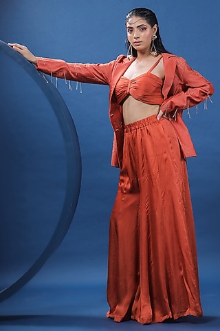 Rust Organza Satin Flared Pant Set by COEUR