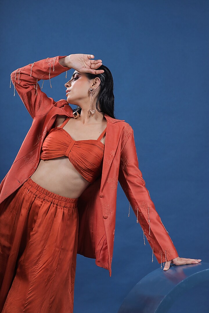 Rust Organza Satin Flared Pant Set by COEUR at Pernia's Pop Up Shop