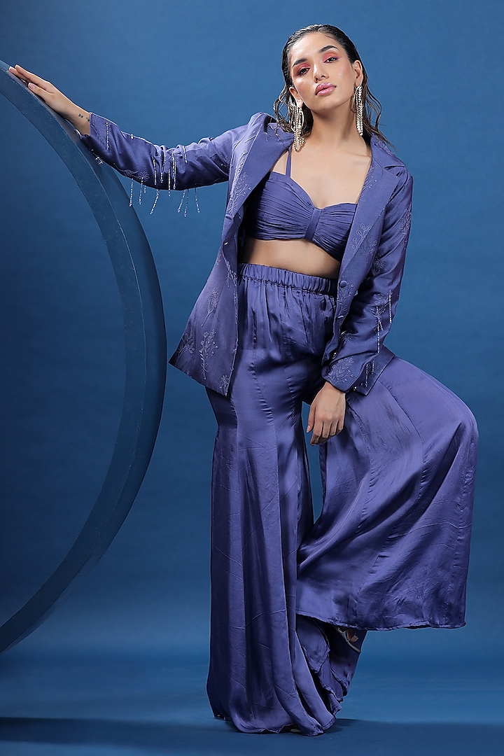 Purple Organza Satin Flared Pant Set by COEUR at Pernia's Pop Up Shop