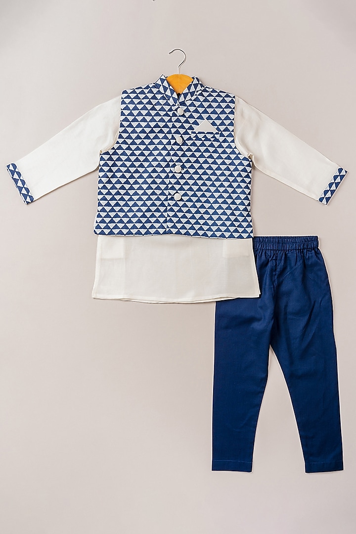 Indigo Printed Bundi Jacket With Kurta Set For Boys by Coo Coo at Pernia's Pop Up Shop