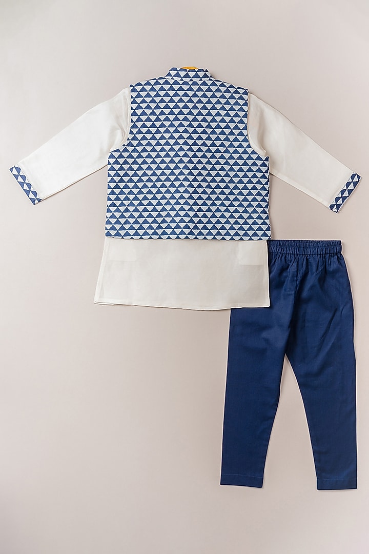 Indigo Printed Bundi Jacket With Kurta Set For Boys by Coo Coo at Pernia's Pop Up Shop