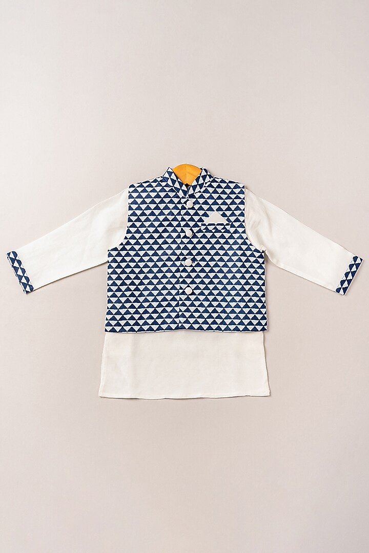 Indigo Printed Bundi Jacket With Kurta Set For Boys by Coo Coo at Pernia's Pop Up Shop