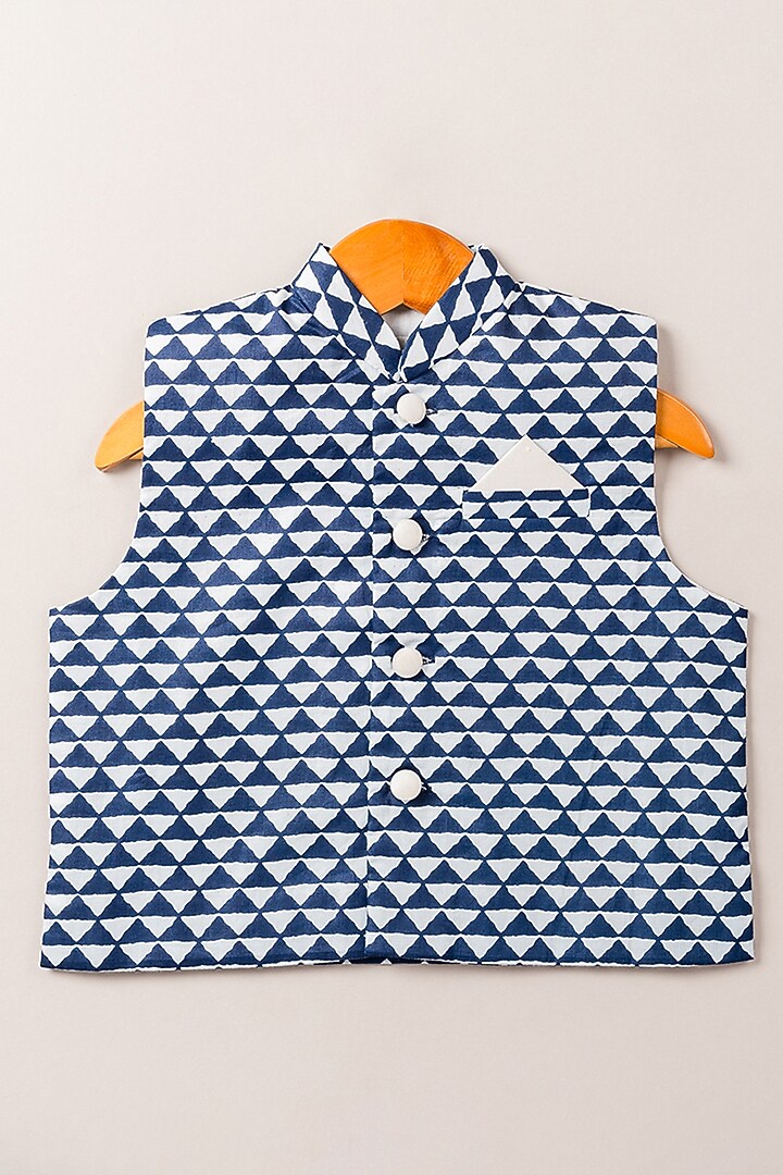 Indigo Printed Bundi Jacket With Kurta Set For Boys by Coo Coo at Pernia's Pop Up Shop