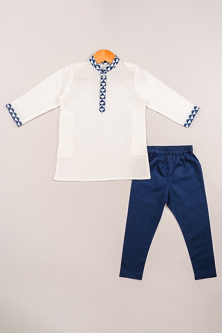 Indigo Printed Bundi Jacket With Kurta Set For Boys by Coo Coo at Pernia's Pop Up Shop