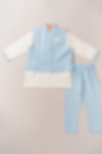Sky Blue Printed Bundi Jacket With Kurta Set For Boys by Coo Coo