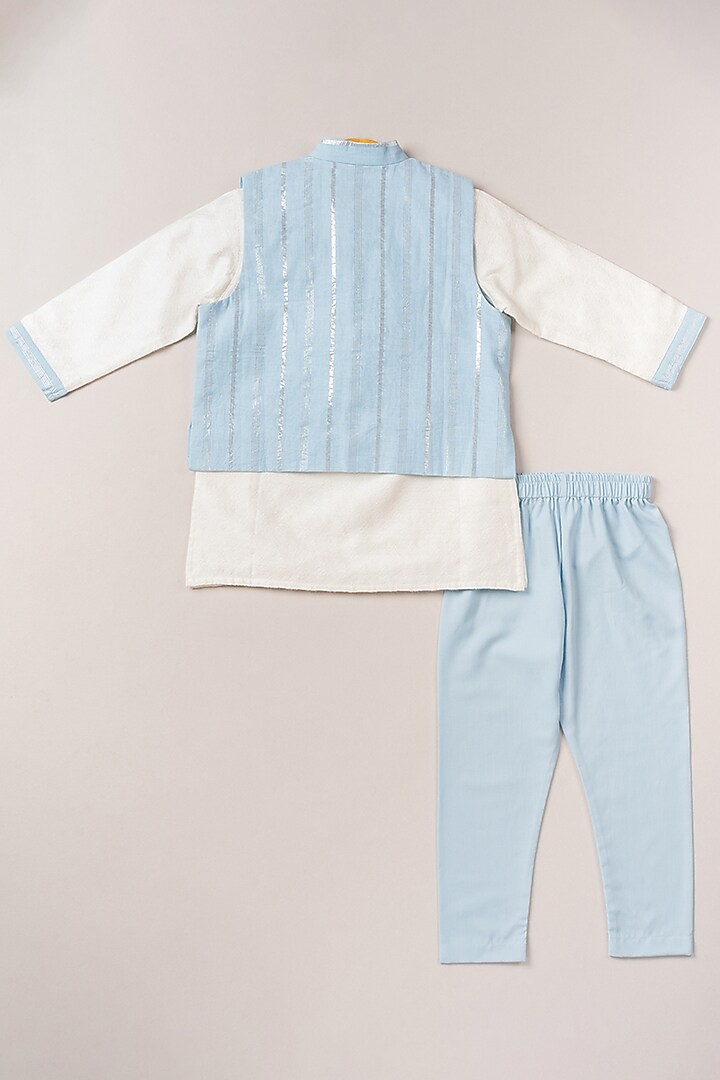 Sky Blue Printed Bundi Jacket With Kurta Set For Boys by Coo Coo at Pernia's Pop Up Shop