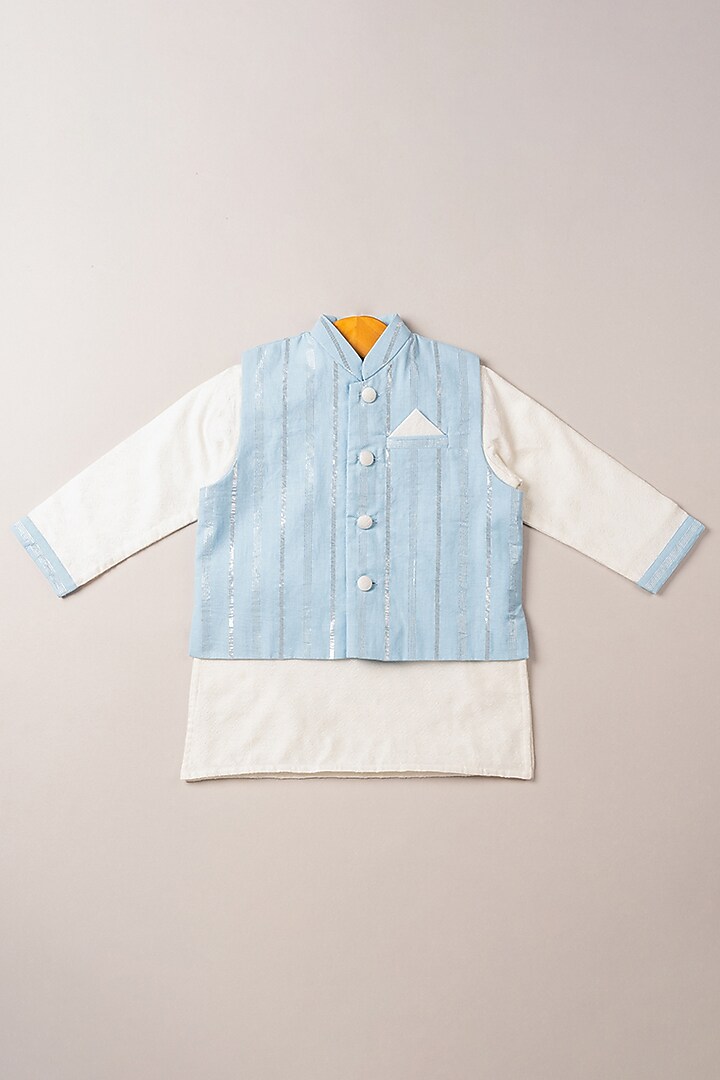 Sky Blue Printed Bundi Jacket With Kurta Set For Boys by Coo Coo at Pernia's Pop Up Shop