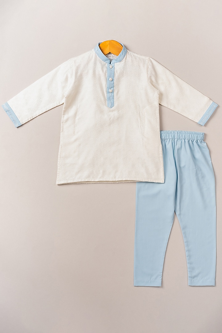 Sky Blue Printed Bundi Jacket With Kurta Set For Boys by Coo Coo at Pernia's Pop Up Shop