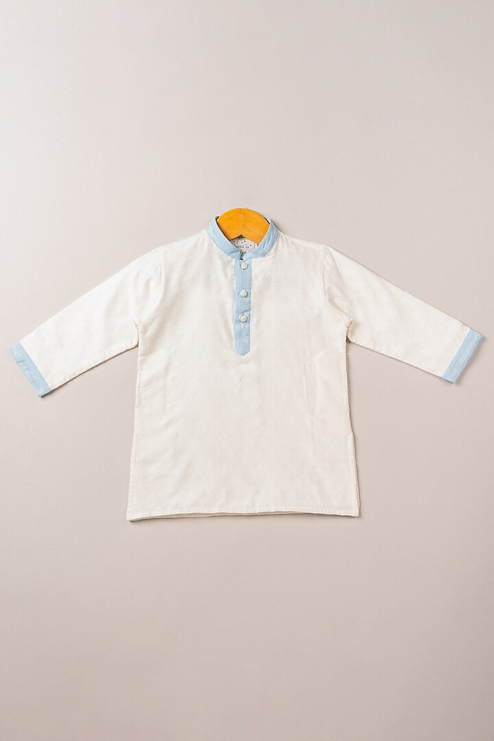 Sky Blue Printed Bundi Jacket With Kurta Set For Boys by Coo Coo at Pernia's Pop Up Shop
