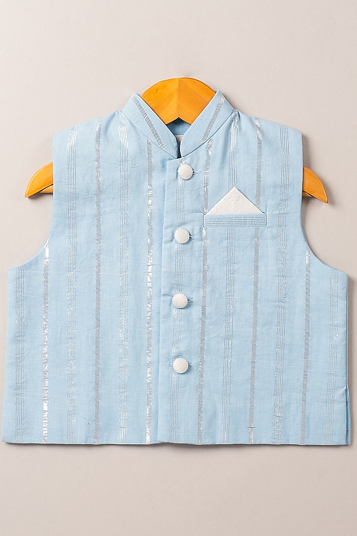 Sky Blue Printed Bundi Jacket With Kurta Set For Boys by Coo Coo at Pernia's Pop Up Shop