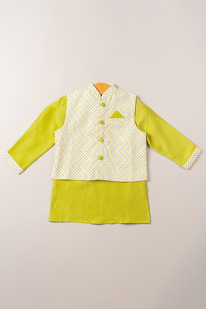 Off-White Bundi Jacket With Kurta Set For Boys by Coo Coo at Pernia's Pop Up Shop