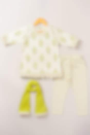 White & Lime Green Printed Kurta Set For Girls by Coo Coo