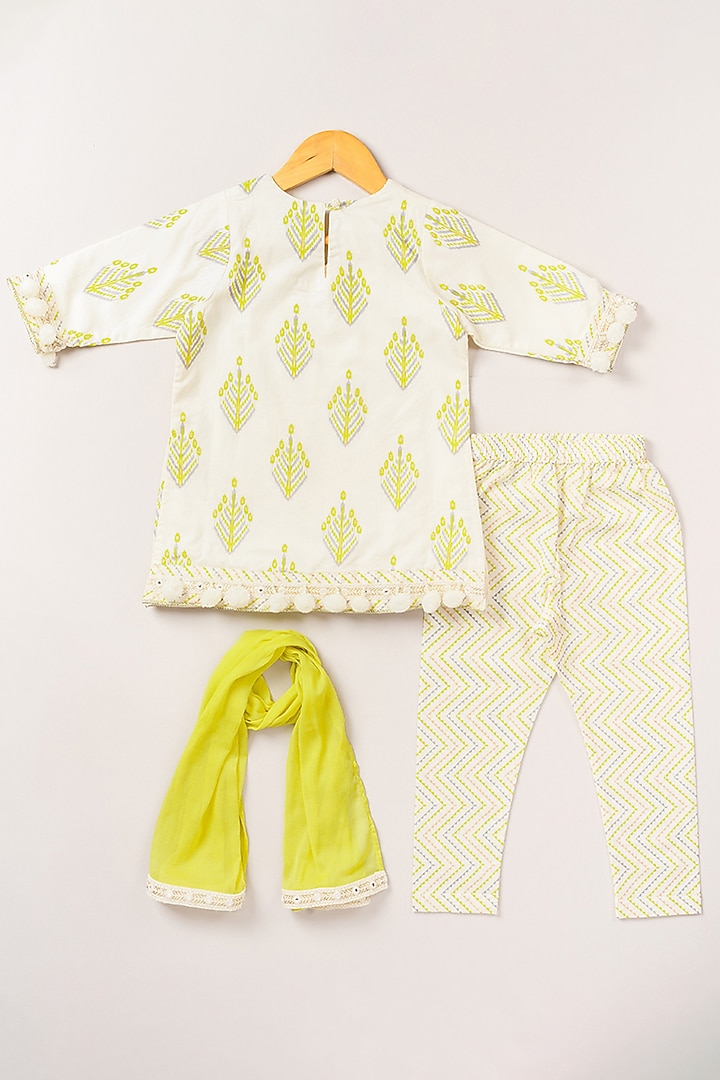 White & Lime Green Printed Kurta Set For Girls by Coo Coo at Pernia's Pop Up Shop