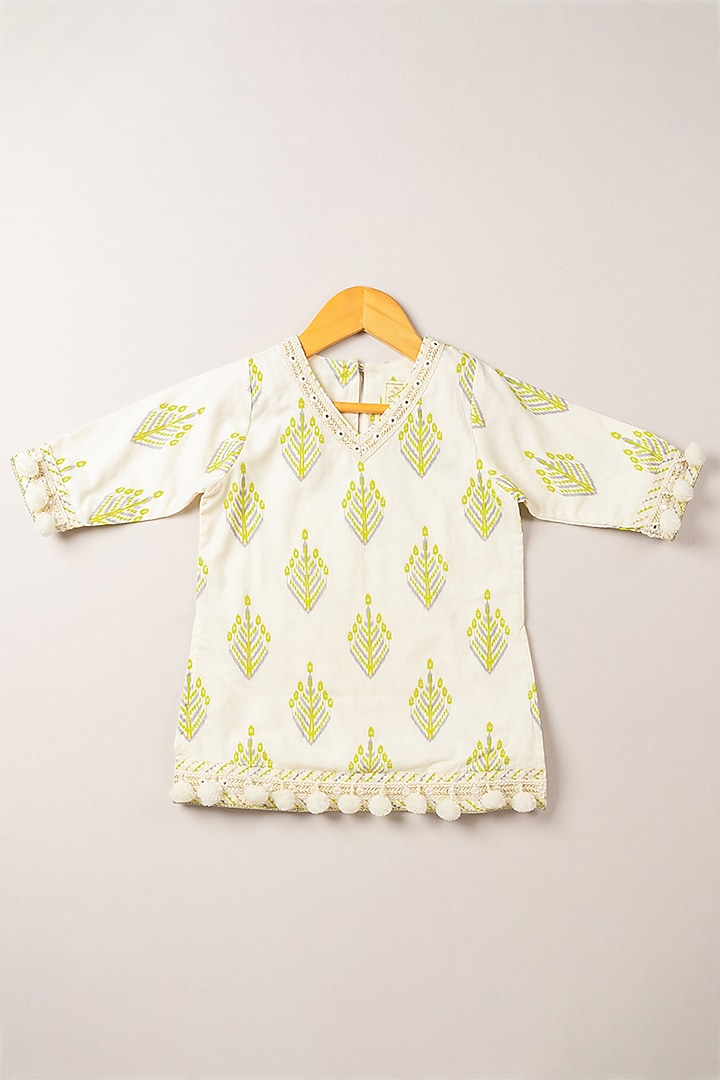 White & Lime Green Printed Kurta Set For Girls by Coo Coo at Pernia's Pop Up Shop