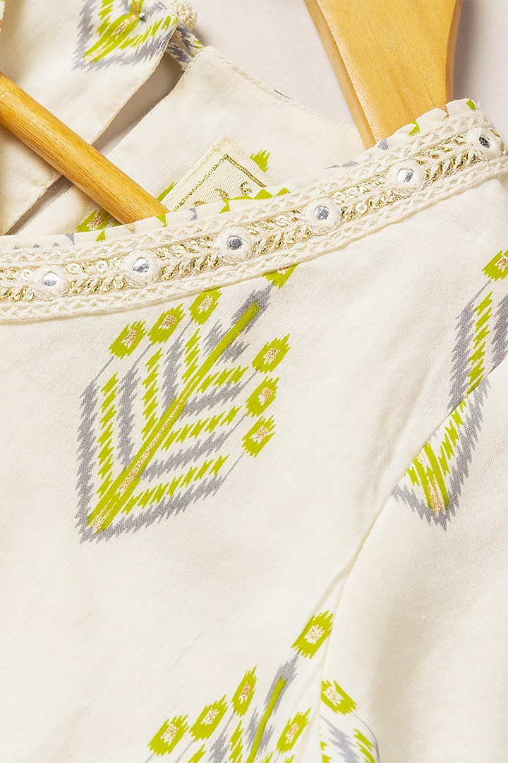 White & Lime Green Printed Kurta Set For Girls by Coo Coo at Pernia's Pop Up Shop