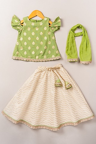 Cream Chanderi Cotton Lehenga Set For Girls by Coo Coo