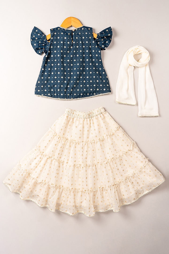 Navy Blue Chanderi Cotton Lehenga Set For Girls by Coo Coo at Pernia's Pop Up Shop