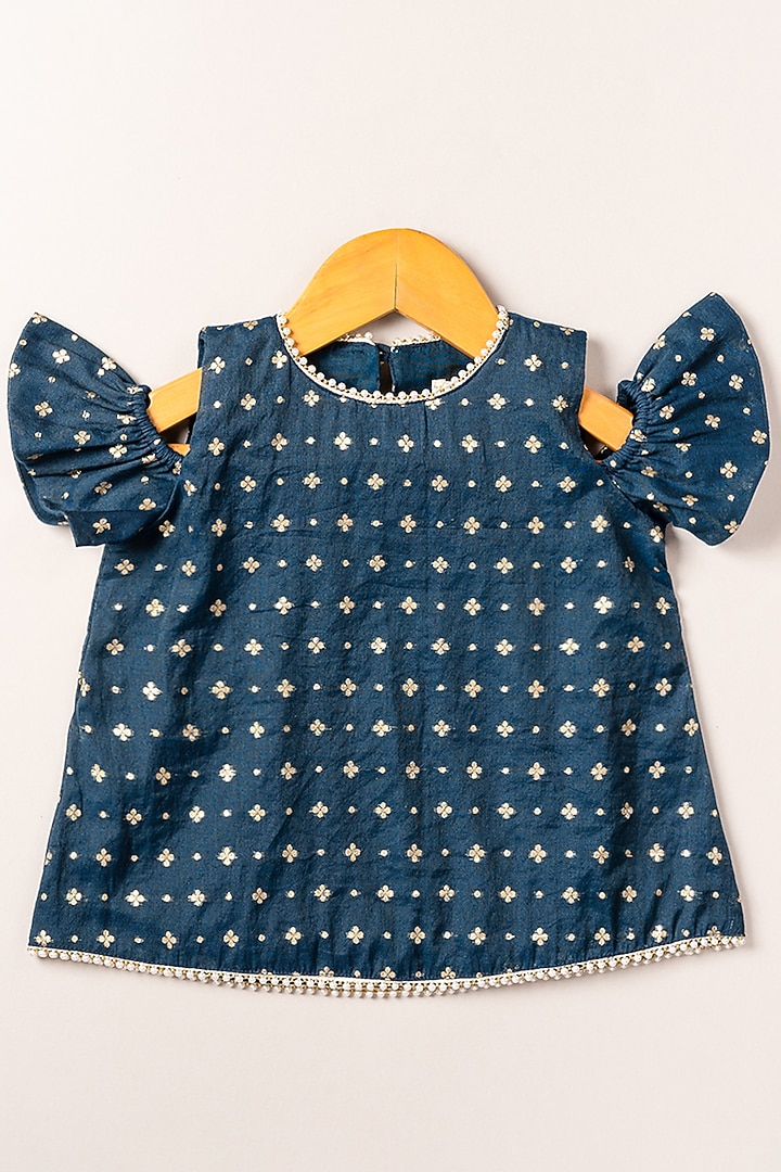 Navy Blue Chanderi Cotton Lehenga Set For Girls by Coo Coo at Pernia's Pop Up Shop