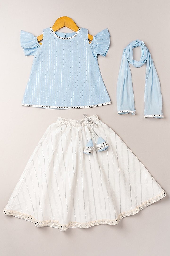 Sky Blue Chanderi Cotton Lehenga Set For Girls by Coo Coo