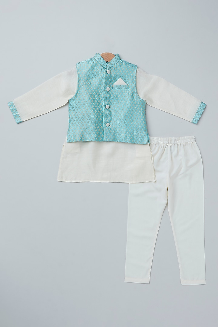 Sky Blue Cotton Chanderi Printed Bundi Jacket Set For Boys by Coo Coo