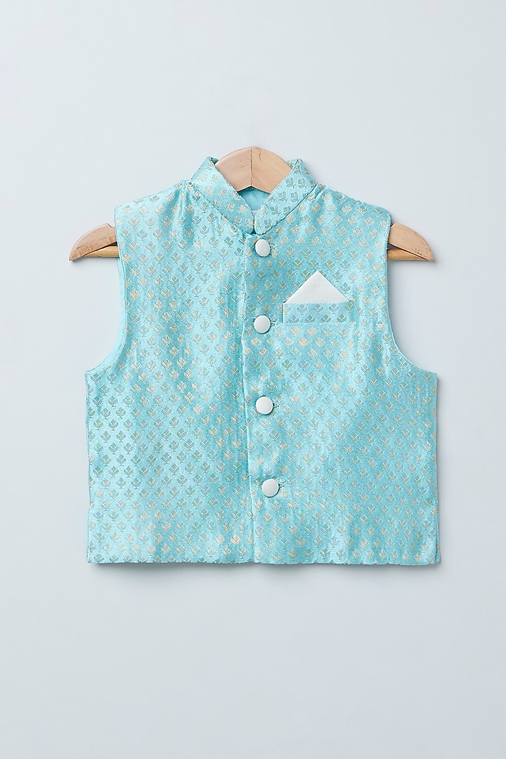 Sky Blue Cotton Chanderi Printed Bundi Jacket Set For Boys by Coo Coo at Pernia's Pop Up Shop