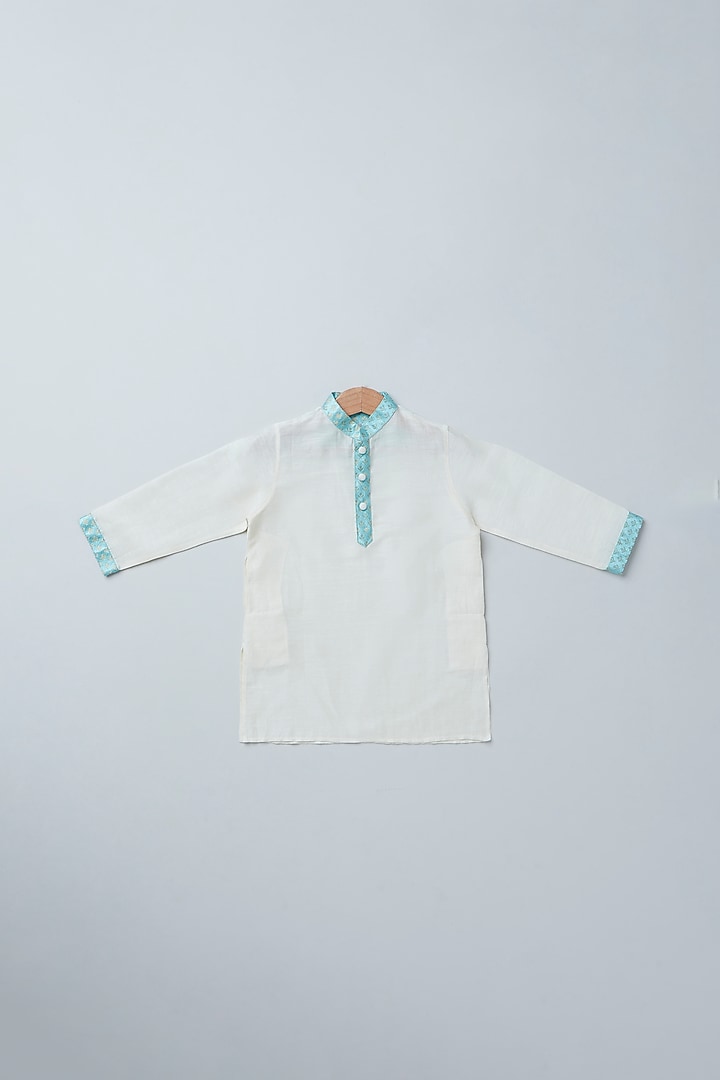 Sky Blue Cotton Chanderi Printed Bundi Jacket Set For Boys by Coo Coo at Pernia's Pop Up Shop