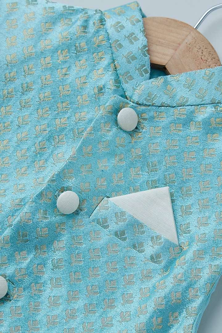 Sky Blue Cotton Chanderi Printed Bundi Jacket Set For Boys by Coo Coo at Pernia's Pop Up Shop