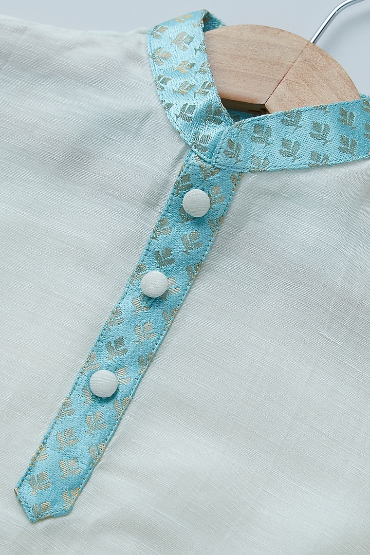 Sky Blue Cotton Chanderi Printed Bundi Jacket Set For Boys by Coo Coo at Pernia's Pop Up Shop