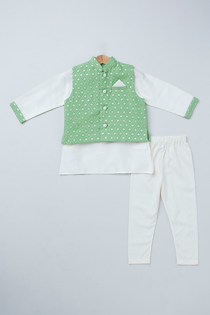 Green Cotton Chanderi Printed Bundi Jacket Set For Boys by Coo Coo