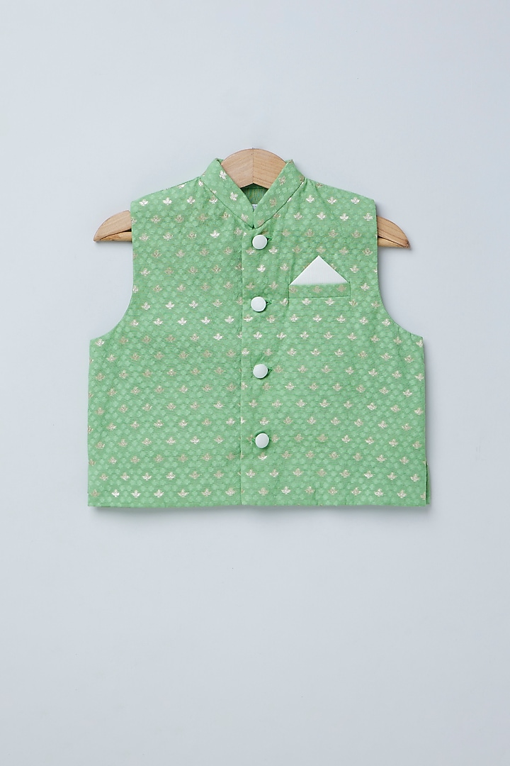 Green Cotton Chanderi Printed Bundi Jacket Set For Boys by Coo Coo at Pernia's Pop Up Shop