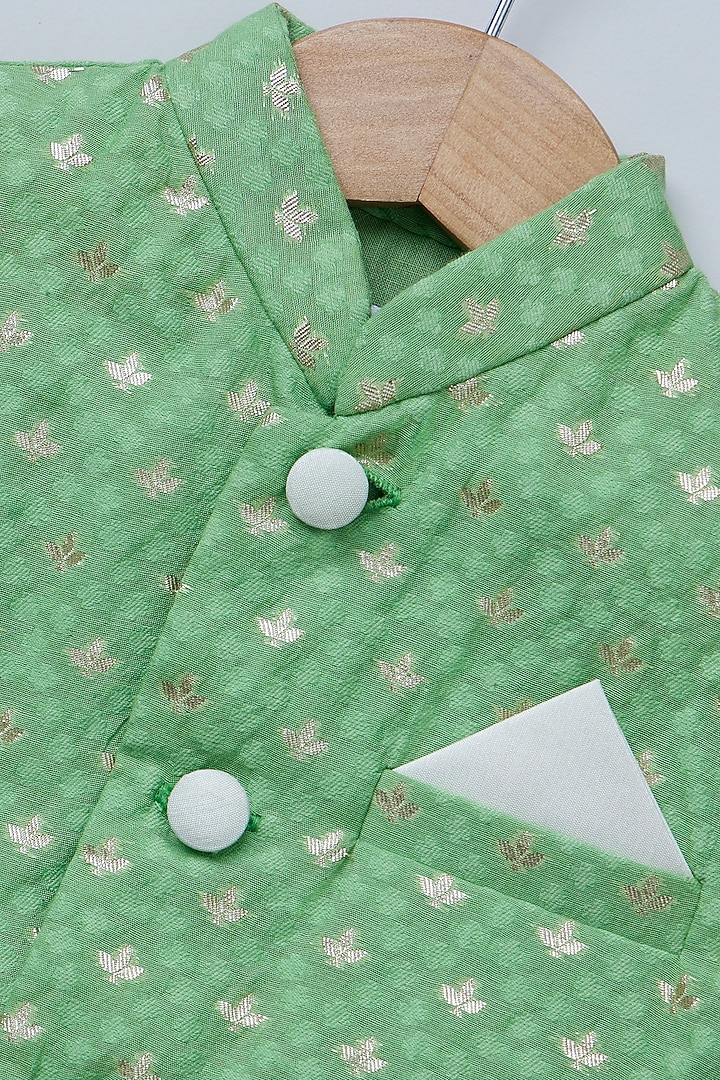 Green Cotton Chanderi Printed Bundi Jacket Set For Boys by Coo Coo at Pernia's Pop Up Shop