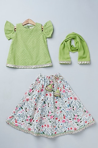 Off-White Crepe Floral Printed Lehenga Set For Girls by Coo Coo