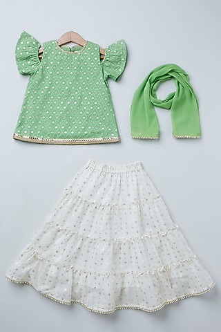 Off-White Crepe Golden Boota Embroidered Lehenga Set For Girls by Coo Coo