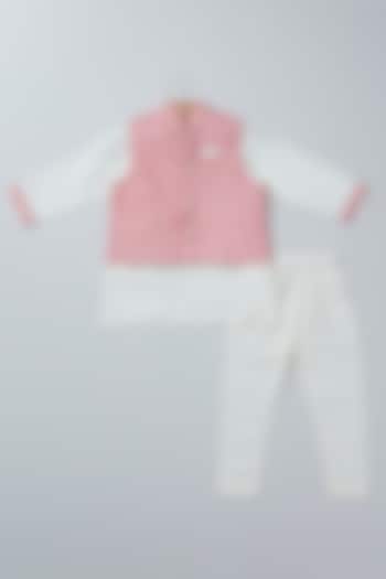 Powder Pink Cotton Chanderi Printed Bundi Jacket Set For Boys by Coo Coo