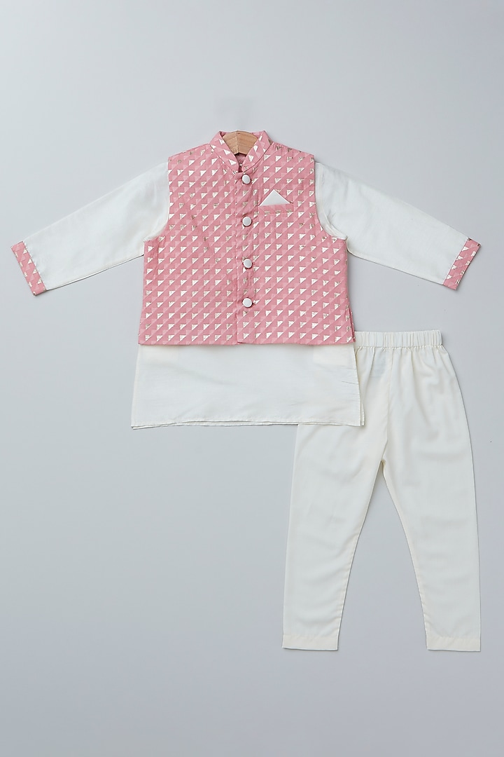 Powder Pink Cotton Chanderi Printed Bundi Jacket Set For Boys by Coo Coo