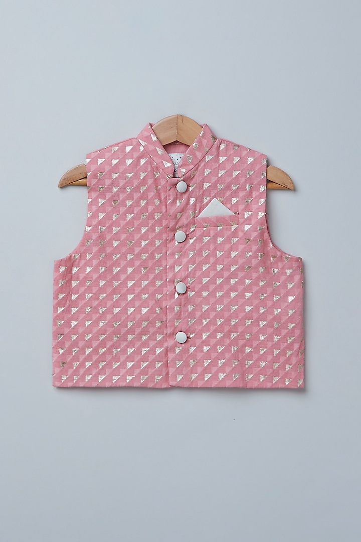 Powder Pink Cotton Chanderi Printed Bundi Jacket Set For Boys by Coo Coo at Pernia's Pop Up Shop