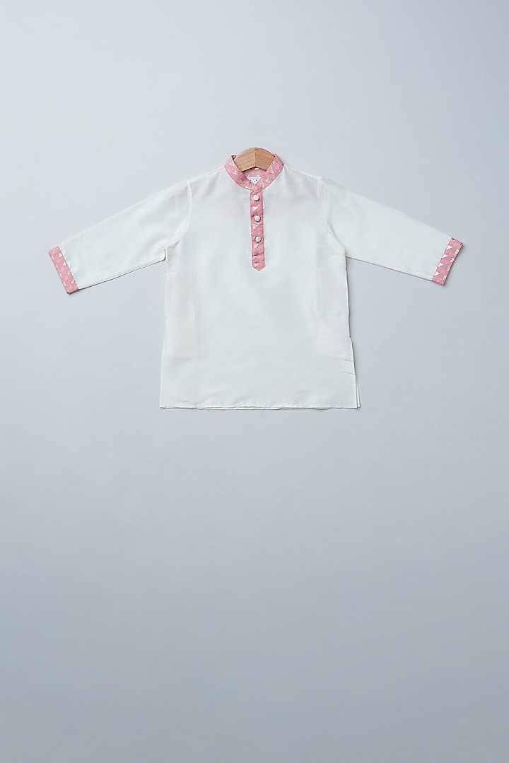 Powder Pink Cotton Chanderi Printed Bundi Jacket Set For Boys by Coo Coo at Pernia's Pop Up Shop