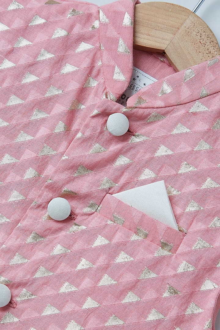 Powder Pink Cotton Chanderi Printed Bundi Jacket Set For Boys by Coo Coo at Pernia's Pop Up Shop