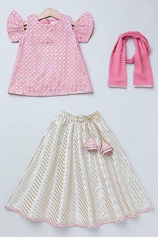 Off-White Soft Cotton Chanderi Golden Striped Embroidered Lehenga Set For Girls by Coo Coo