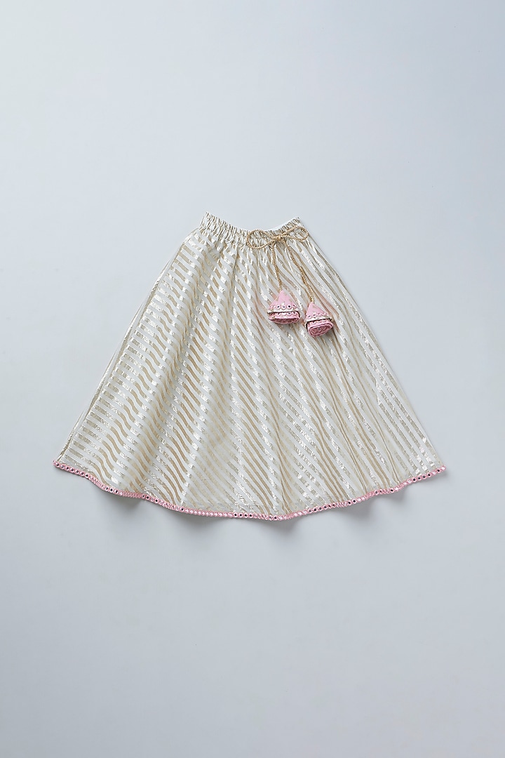 Off-White Soft Cotton Chanderi Golden Striped Embroidered Lehenga Set For Girls by Coo Coo at Pernia's Pop Up Shop