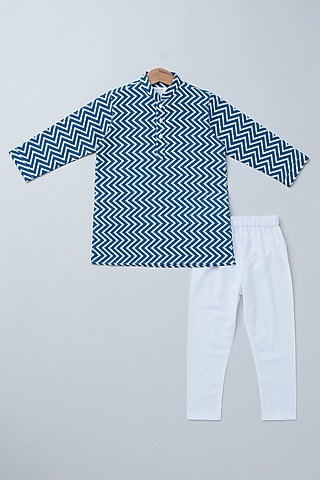 Indigo Blue Cotton Zig-Zag Geometric Printed Kurta Set For Boys by Coo Coo