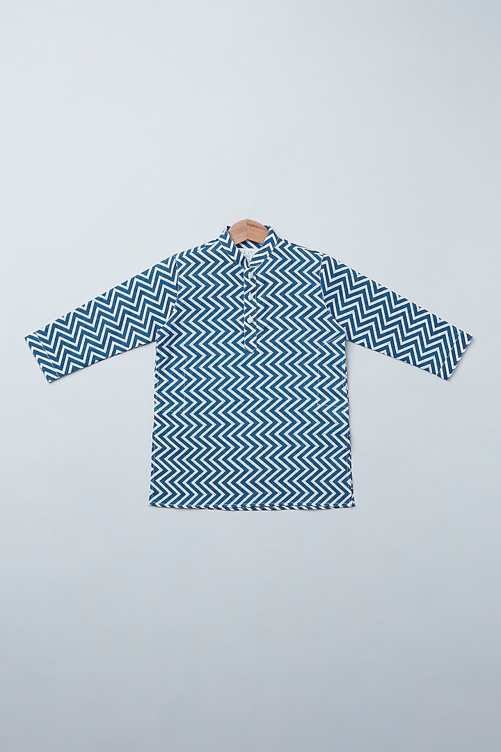 Indigo Blue Cotton Zig-Zag Geometric Printed Kurta Set For Boys by Coo Coo at Pernia's Pop Up Shop