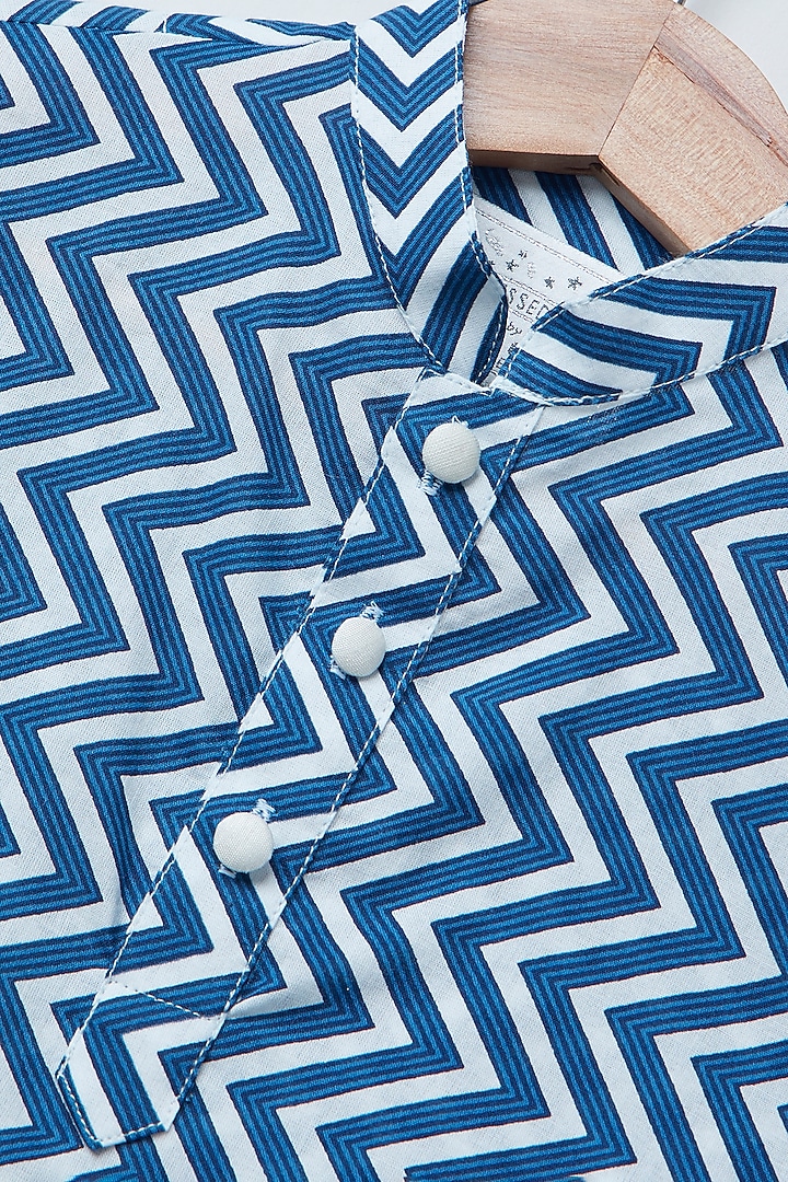 Indigo Blue Cotton Zig-Zag Geometric Printed Kurta Set For Boys by Coo Coo at Pernia's Pop Up Shop
