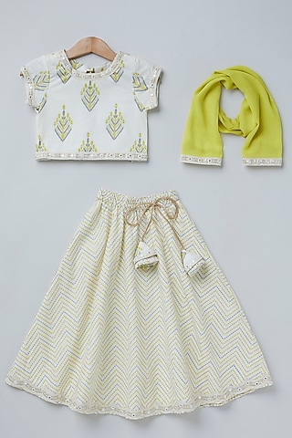 Cream Pure Soft Cotton Zig-Zag Printed Lehenga Set For Girls by Coo Coo