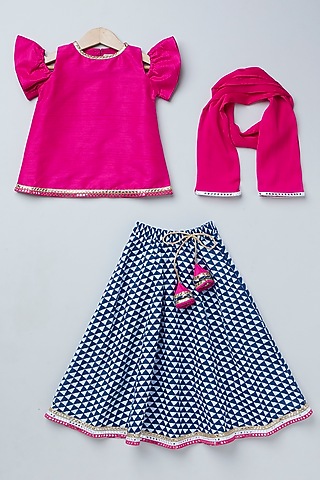 Royal Blue Pure Soft Cotton Geometric Printed Lehenga Set For Girls by Coo Coo