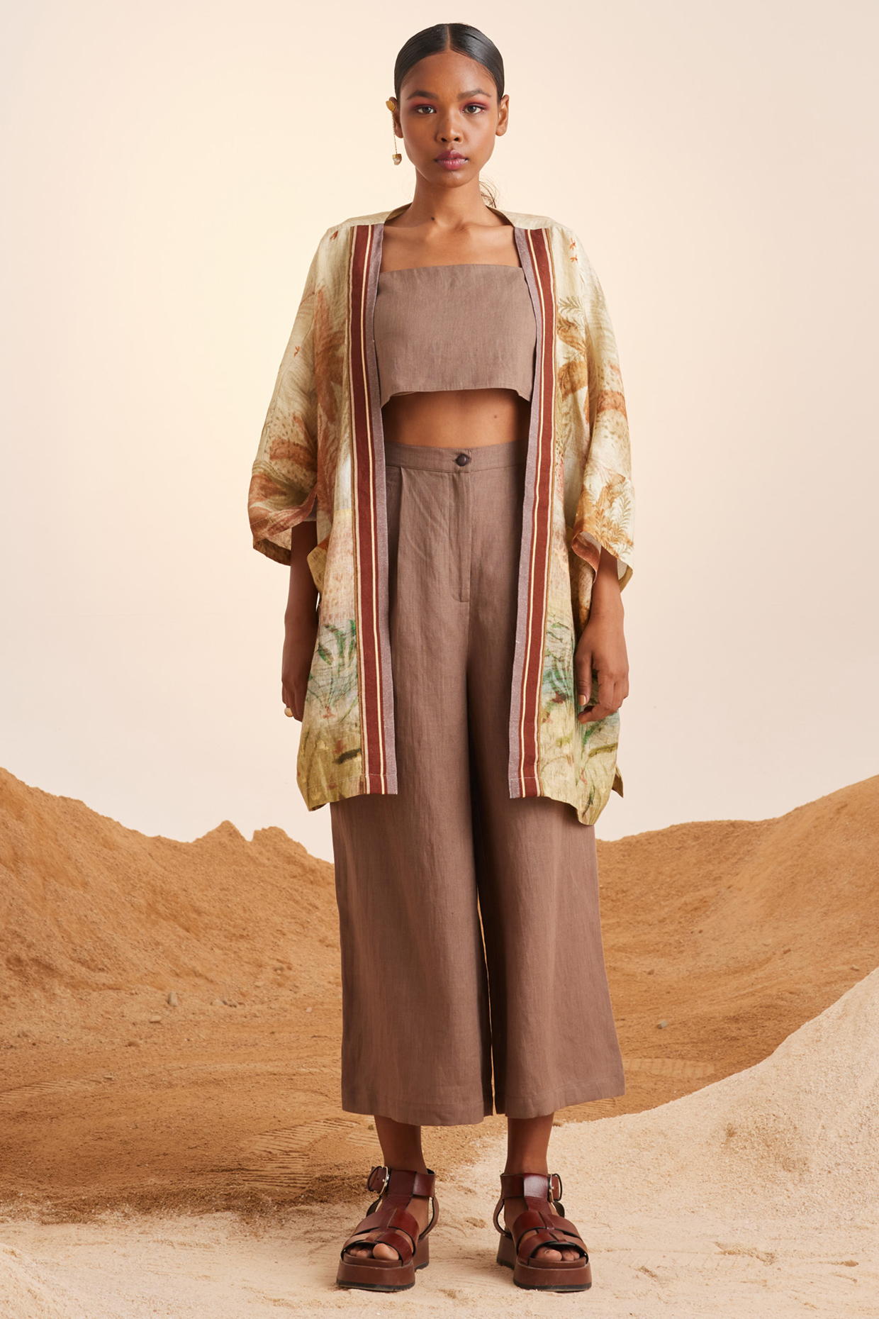 Multi-Colored Pure Handwoven Linen Printed Cape Set by Cord at Pernia's Pop Up Shop