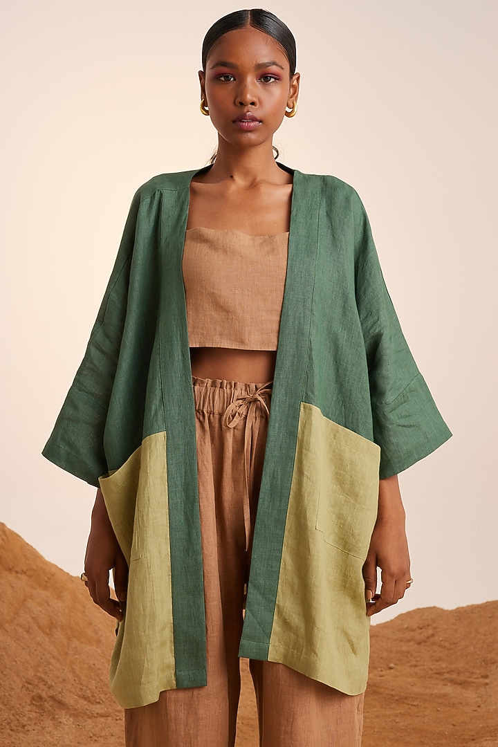 Fern-Matcha Green Pure Handwoven Linen Cape Set by Cord at Pernia's Pop Up Shop