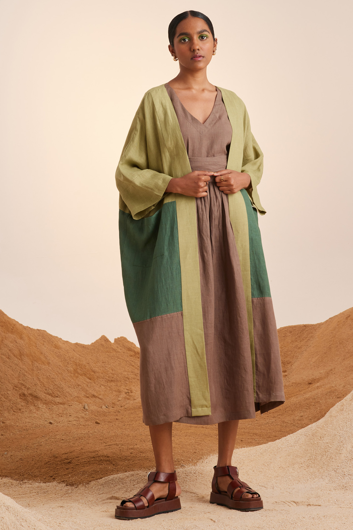Matcha-Ash & Fern Green Pure Handwoven Linen Color Blocked Jacket Vacation Dress by Cord at Pernia's Pop Up Shop