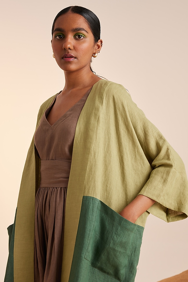Matcha-Ash & Fern Green Pure Handwoven Linen Color Blocked Jacket Vacation Dress by Cord at Pernia's Pop Up Shop