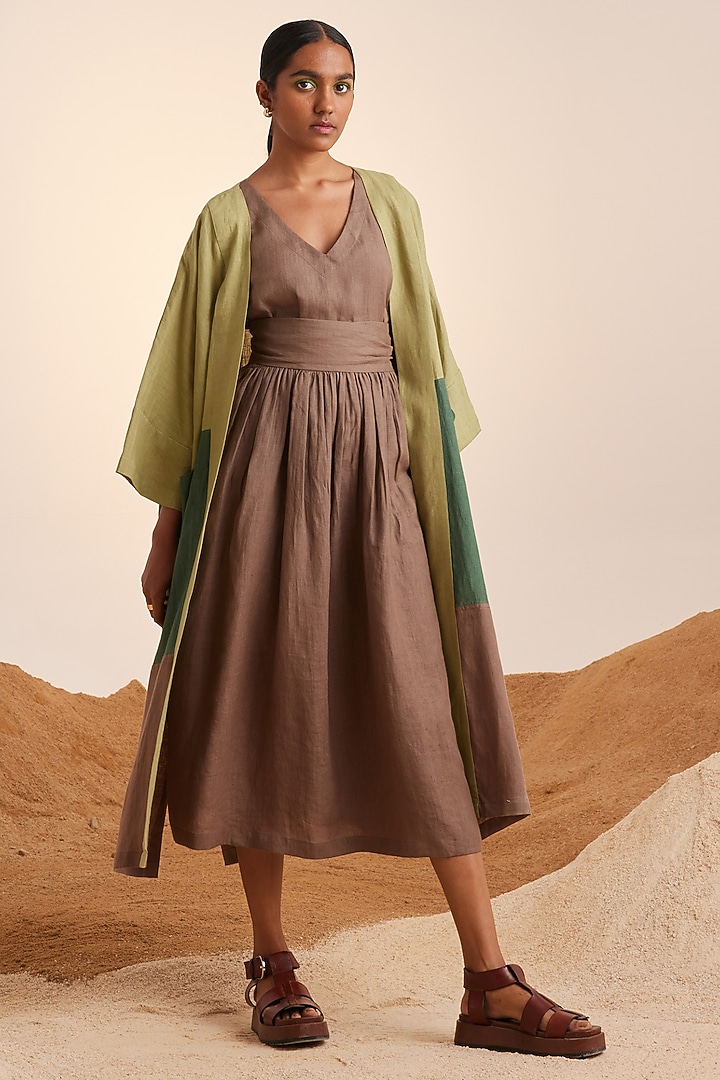 Matcha-Ash & Fern Green Pure Handwoven Linen Color Blocked Jacket Vacation Dress by Cord at Pernia's Pop Up Shop